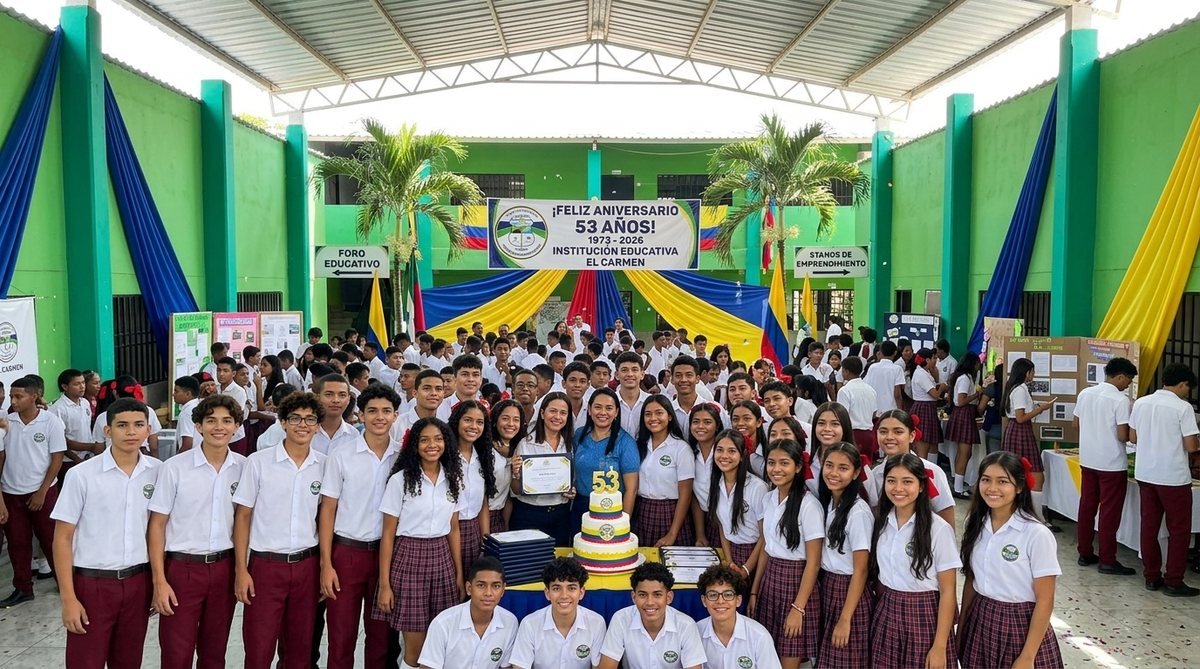 Estudiantes y docentes celebrando el Aniversario 53 de la IE El Carmen en el patio techado