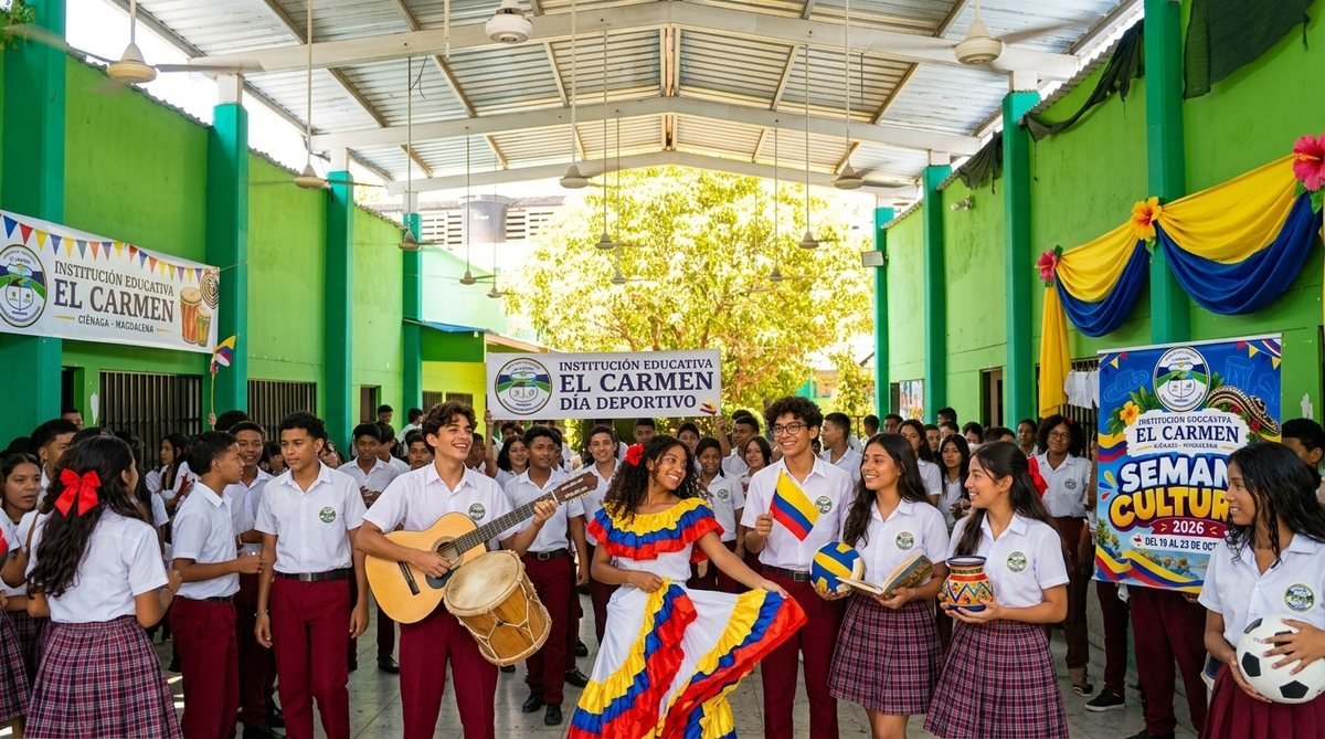 Estudiantes en el patio central techado de la IE El Carmen celebrando el Día Deportivo y Folclórico